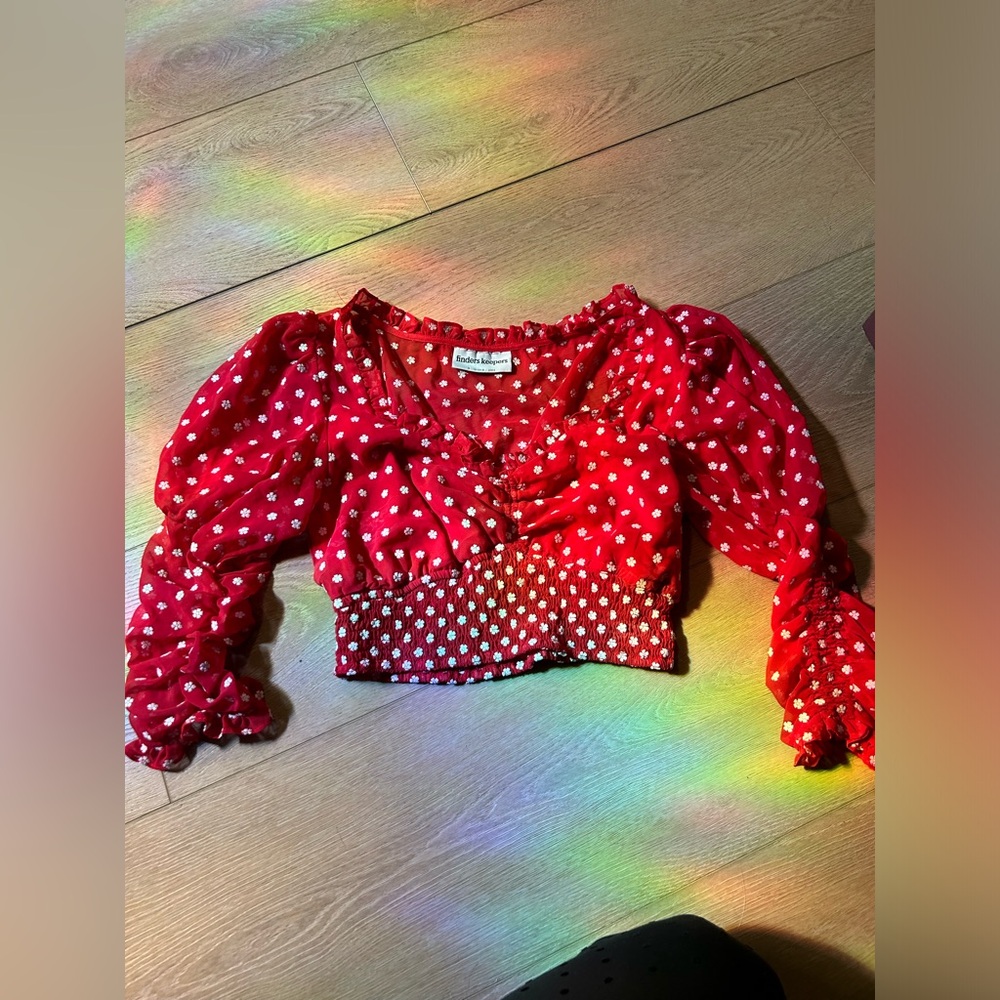 Finders Keepers Red Floral Smocked Puff-Sleeve Crop Top NWOT